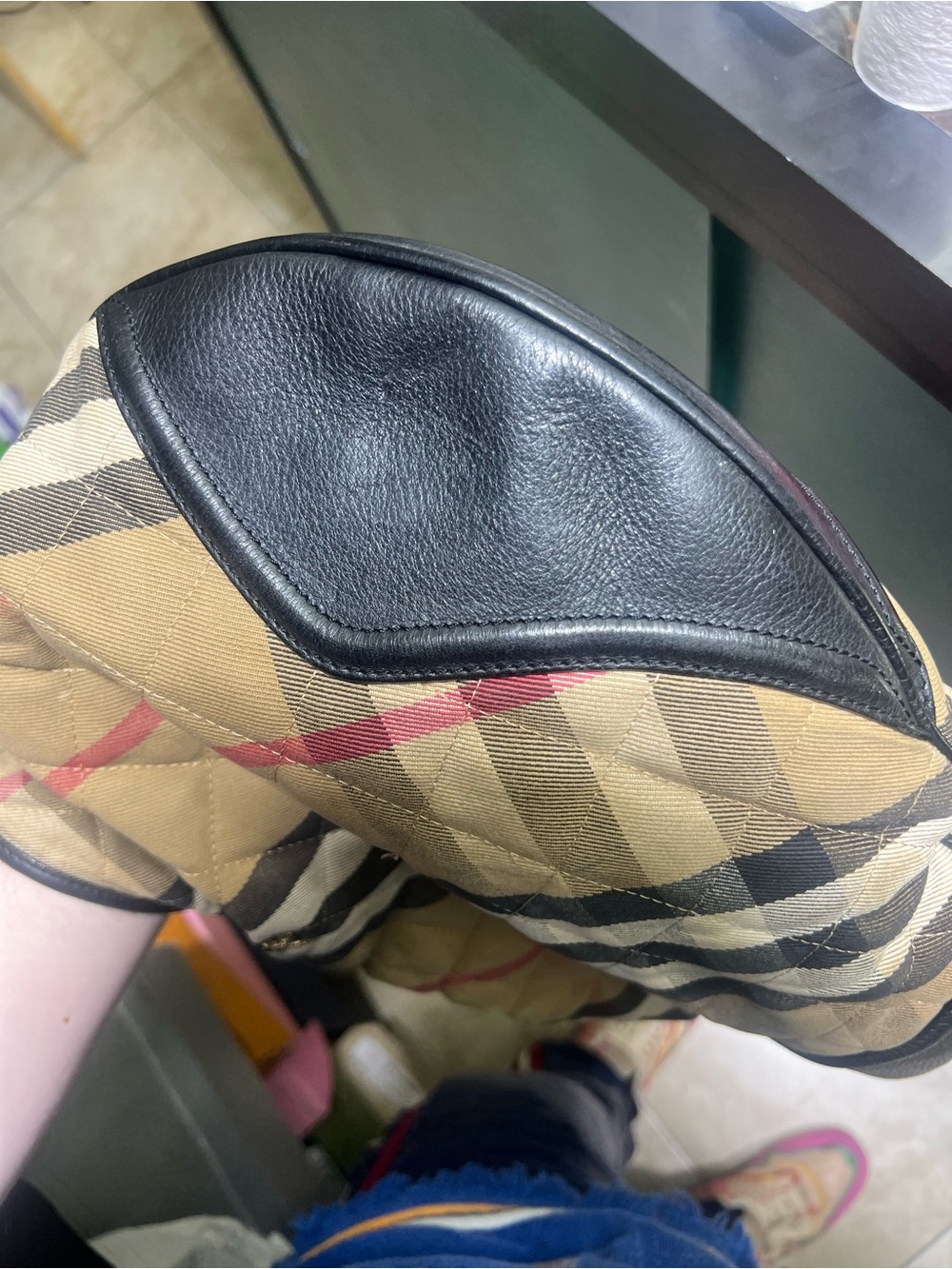 Burberry Beige Check Shoulder Bag with Black Leather Trim and Red Accent - Picture 12 of 15
